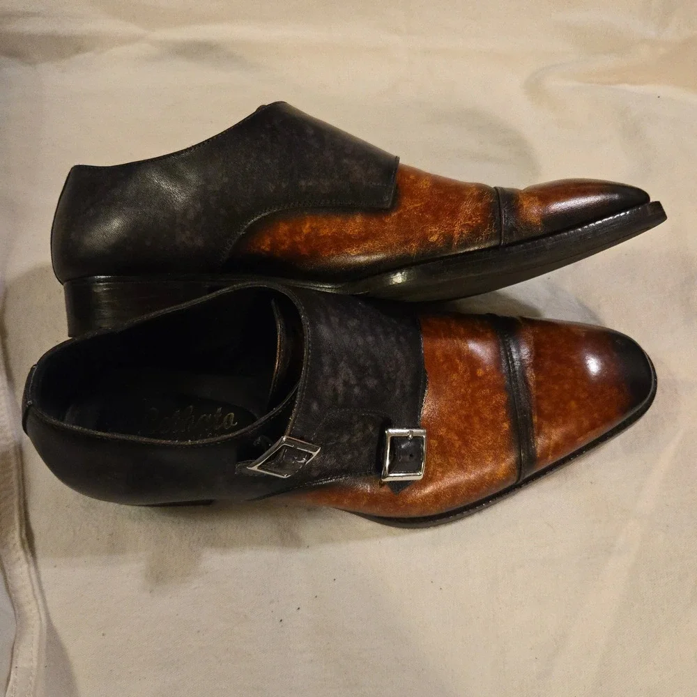 Dress Shoes Lethato Double Monk Strap Size 12 Mens Brown Black Burnished Leather